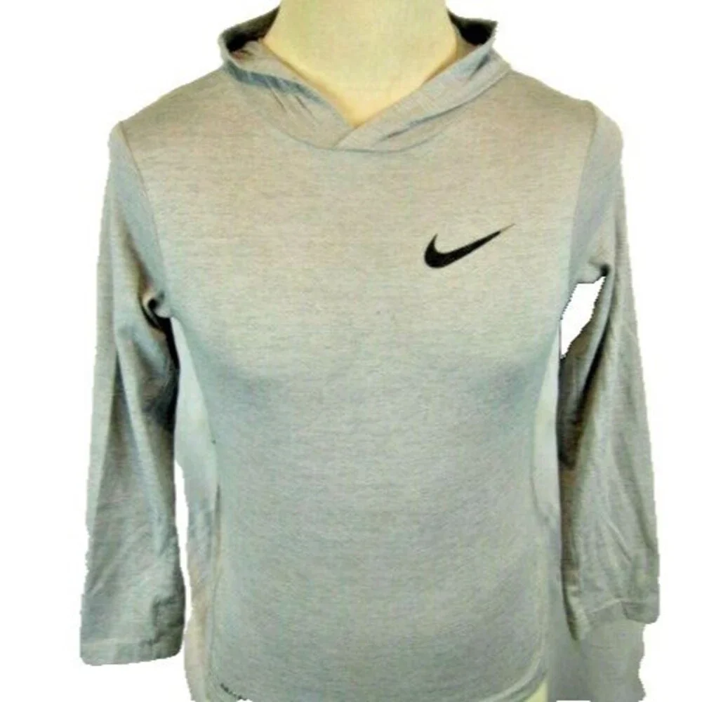 Youth Nike Gray Heather Hooded Dri-Fit LS Base Layer Shirt sz YL